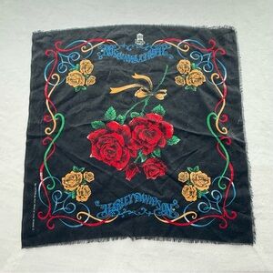 Vintage Harley-Davidson Rose Print Bandana Scarf – Black Multicolor